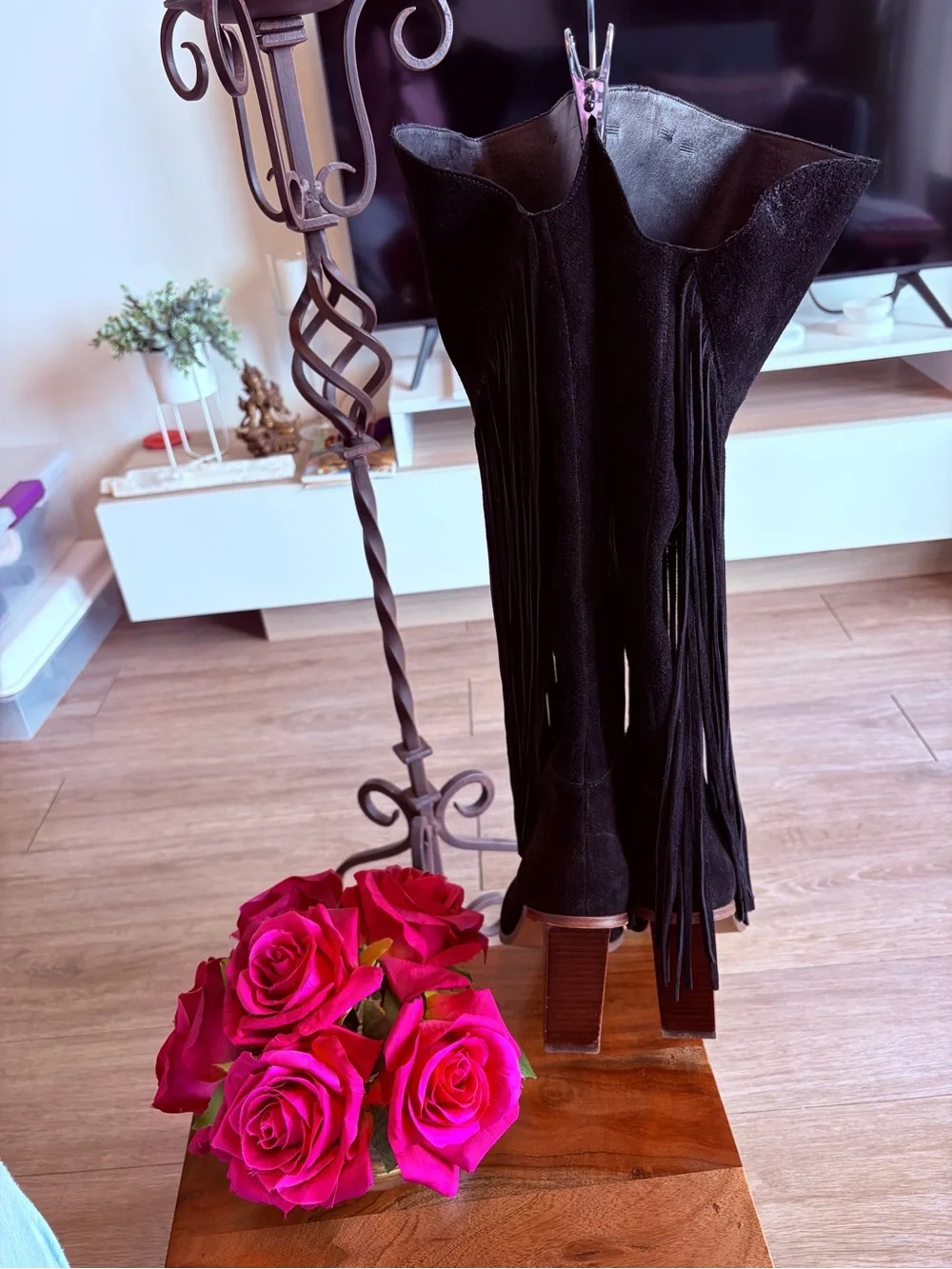 Jessica Simpson Black Suede Over-the-Knee Fringe Boots